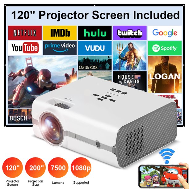 Doosl Portable WiFi Mini Projector with 120 inch Projector Screen, 1080P Supported Bluetooth Smart Projector for Home and Outdoor, Compatible with iPhone, Android, TV Stick