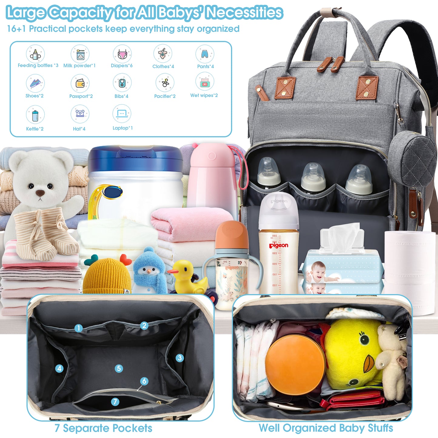Diaper Bag Backpack, Portable Baby Bag Include Insulated Pocket, 3 In 1 Multi-Functional Travel Baby Diaper Bag with Diapers Changing Pad for Boys and Girls