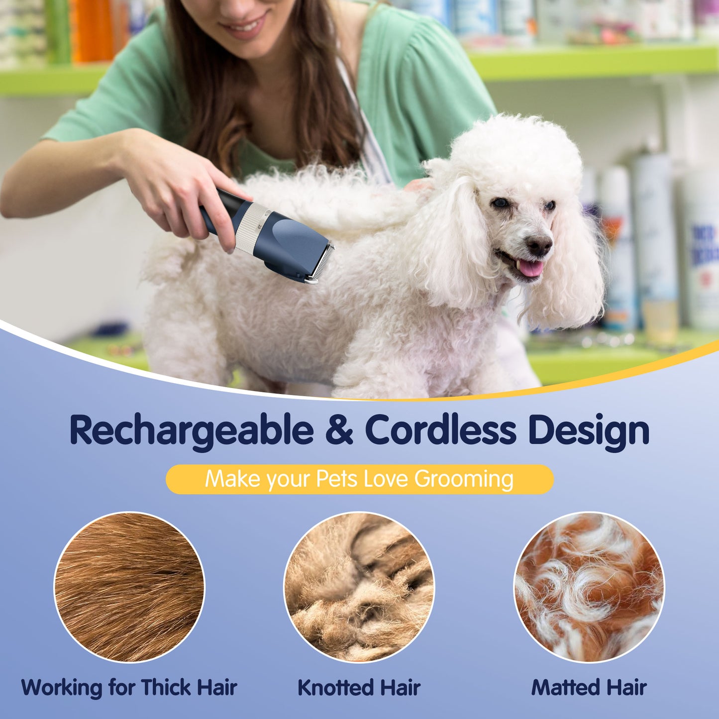 Dog Clippers, Dog Grooming Clippers for Thick Fur Nail with Low Noise Rechargeable Cordless Electric Quiet Pet Clippers Set Grooming Kits for Dogs Cats Pets