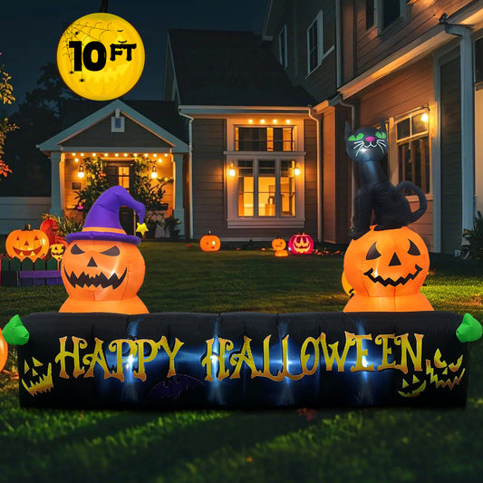 10Ft Long Halloween Inflatable Decorations with LED Lights, Happy Halloween Sign with Pumpkin and Cat for Yard Lawn Yard Home Party Indoor Outdoor