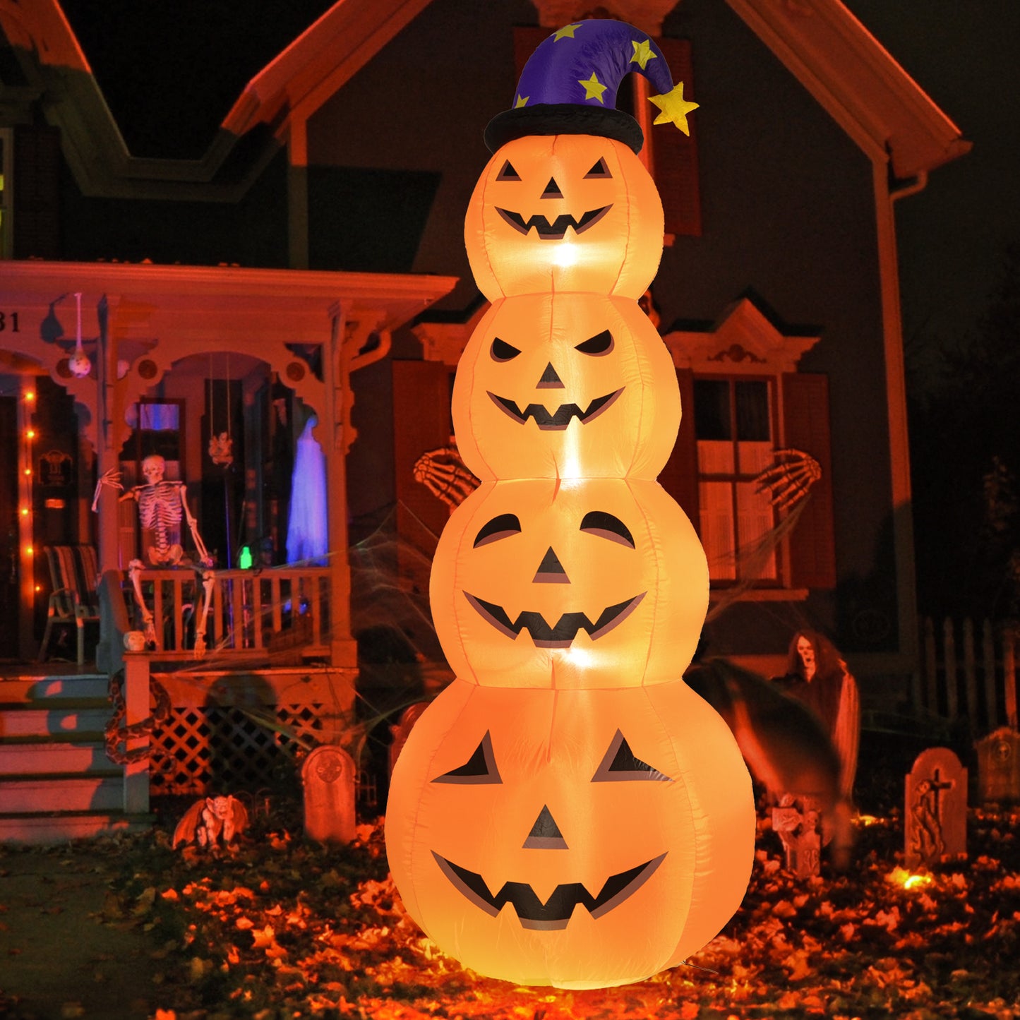 Posrue 8 ft Halloween Inflatable, Stacked Pumpkins with Witch Hat Inflatable with Build-in LED Lights, Blow up for Indoor Outdoor Lawn Yard Garden Home Party Halloween Decor, Orange
