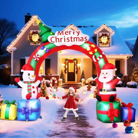 10FT Long Christmas Inflatable Archway Santa Claus and Snowman with Bow LED Lights Yard Art Decoration