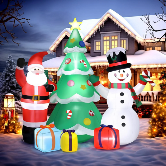 Posrue 8Ft Christmas Inflatables Outdoor Decoration, Inflatable Christmas Tree with Santa Claus and Snowman Christmas Blow Up with Build-in Bright LED for Garden Lawn Indoor Outdoor Decorations