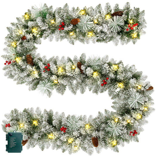 9FT Pre-Lit Christmas Garland with LED Lights, Snow Flocked Xmas Garland for Outdoor Indoor Xmas Decoration Home Fireplace Front Stairs Railing Decor, Battery Operated