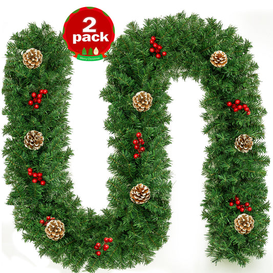 2 Pack Christmas Garland,9 ft Artificial Christmas Garland Outdoor with Pinecones and Red Berries for Xmas Holiday Decorations