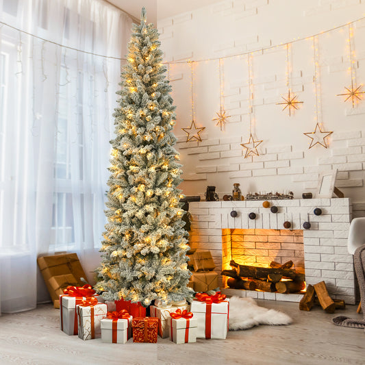 7.5FT Pre-Lit Snow Flocked Pencil Christmas Tree, 250 Lights 1000 Tips Artificial Xmas Tree with 8 Light-Modes, Metal Base Stand for Home Holiday Decoration, White