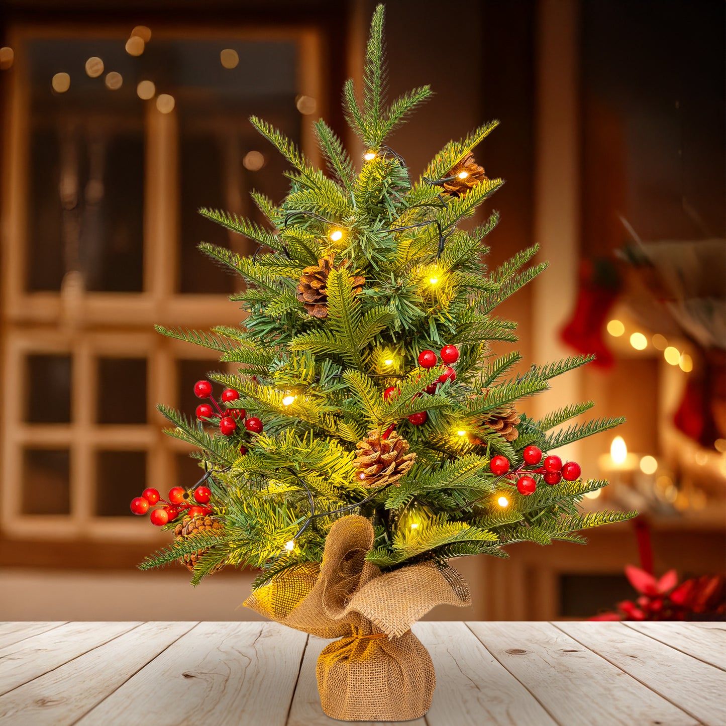 24 inch Tabletop Christmas Tree, Artificial Mini Christmas Tree Desktop Christmas Pine Tree with Hanging Ornaments and Stand for Christmas Holiday Decoration