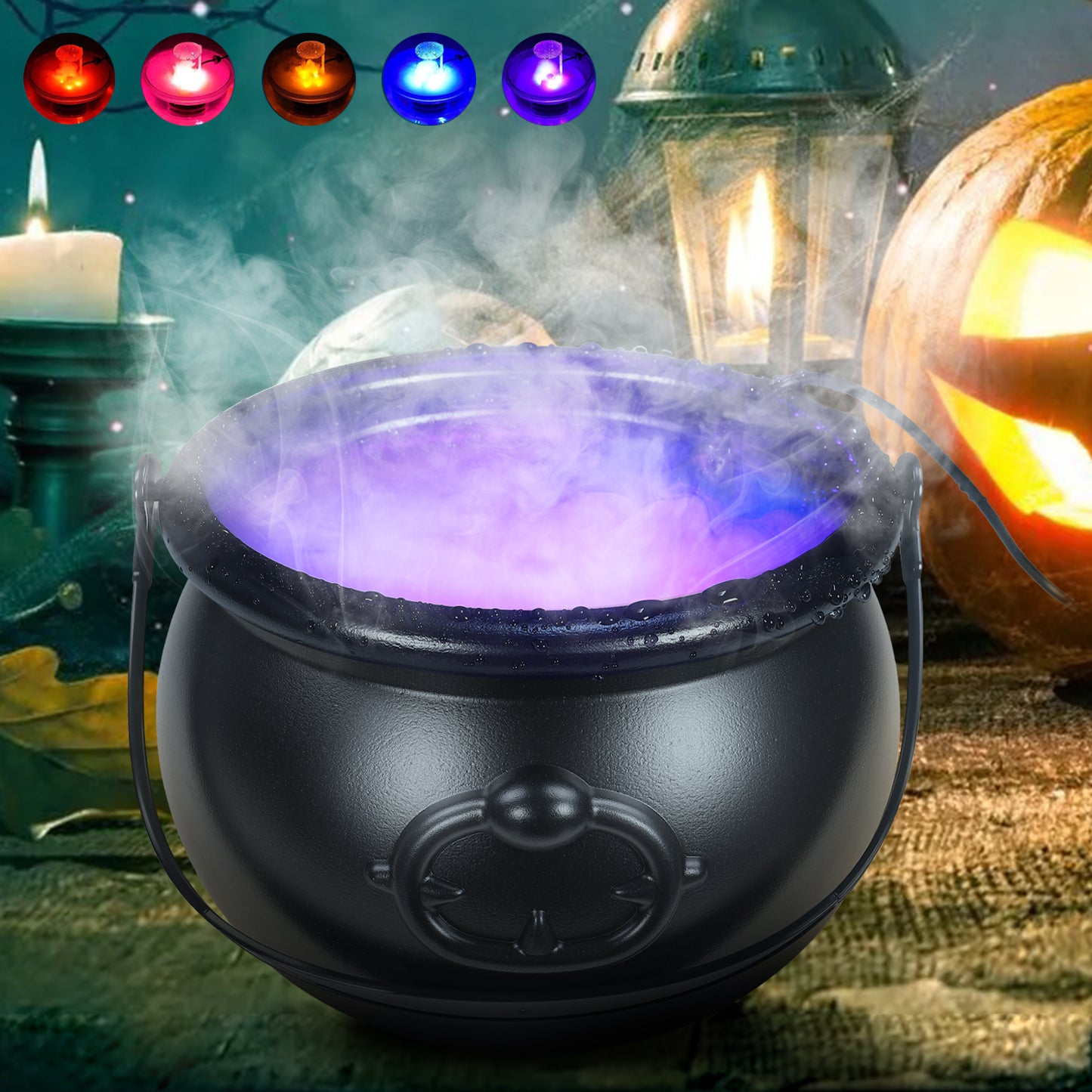 Halloween Mist Maker Fogger with Witch Cauldron, Fog Machine Atomizer with 12 LED Color Changing Lights Perfect for Water Feature, Halloween, Christmas and Other Holiday Decorations
