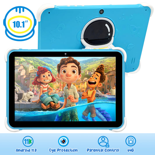 10.1 inch Kids Tablet, 64GB Storage WiFi Android 11 Tablet for Kids, HD Touch Screen, Parental Control, Learning Tablet with IWAWA Application, Children's Tablet with Blue Case S1