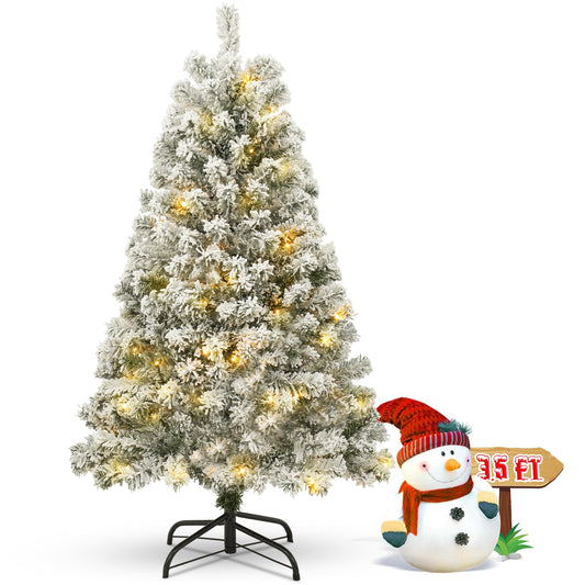 3.5 FT Pre-Lit Premium Snow Flocked Christmas Tree w/ 150 Lights 300 Tips, Hinged Artificial Holiday Xmas Christmas Decoration, Metal Base Stand, White