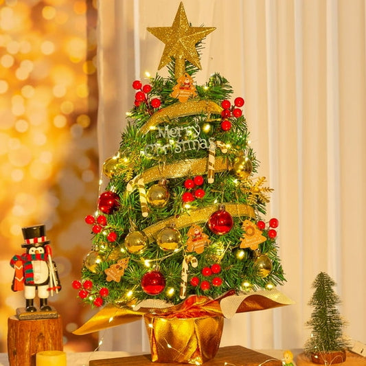 24-inch Artificial Tabletop Christmas Tree, Prelit Decorated Ornaments Balls Xmas Tree with Colorful LED Lights for Xmas Home Office Party Decor