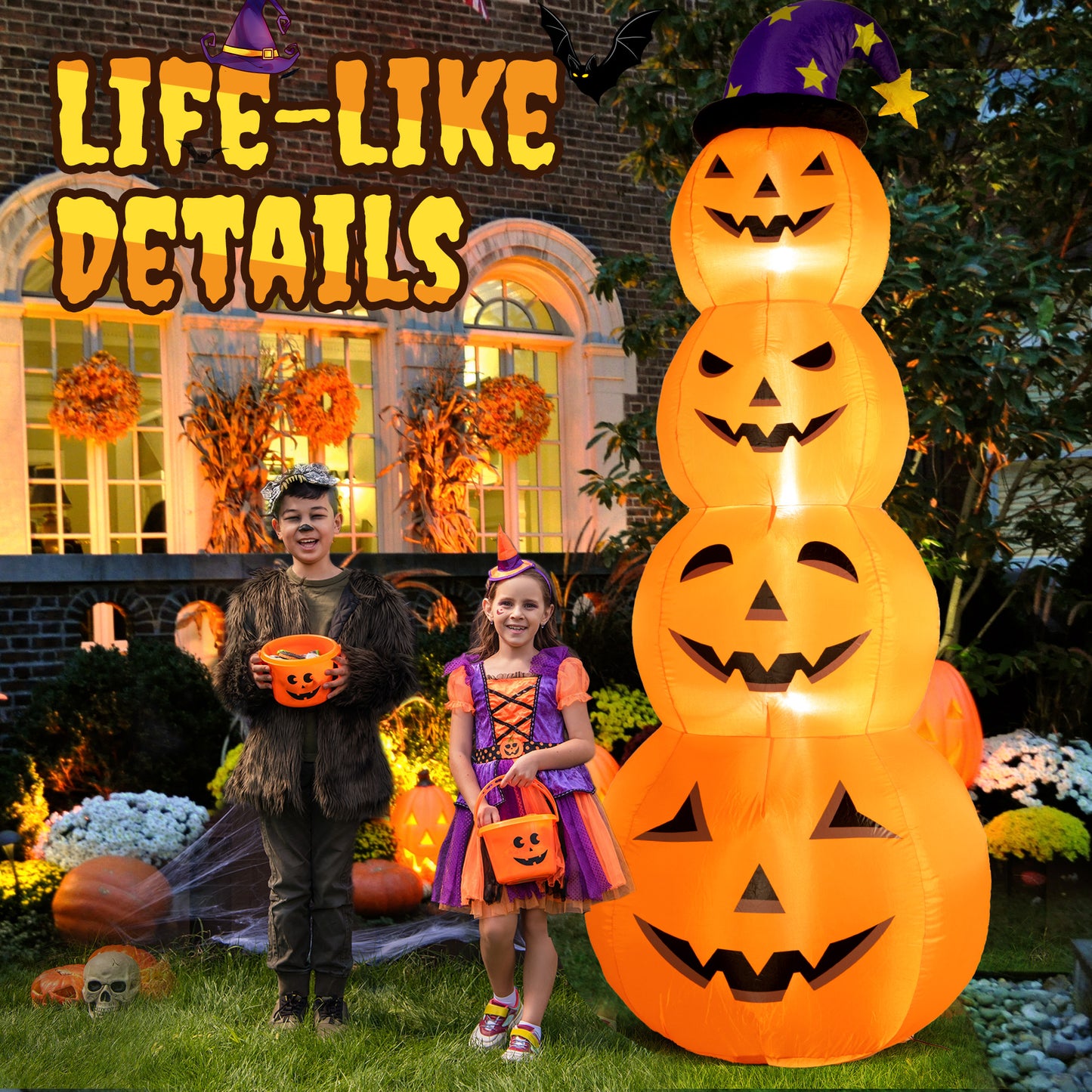 Posrue 8 ft Halloween Inflatable, Stacked Pumpkins with Witch Hat Inflatable with Build-in LED Lights, Blow up for Indoor Outdoor Lawn Yard Garden Home Party Halloween Decor, Orange