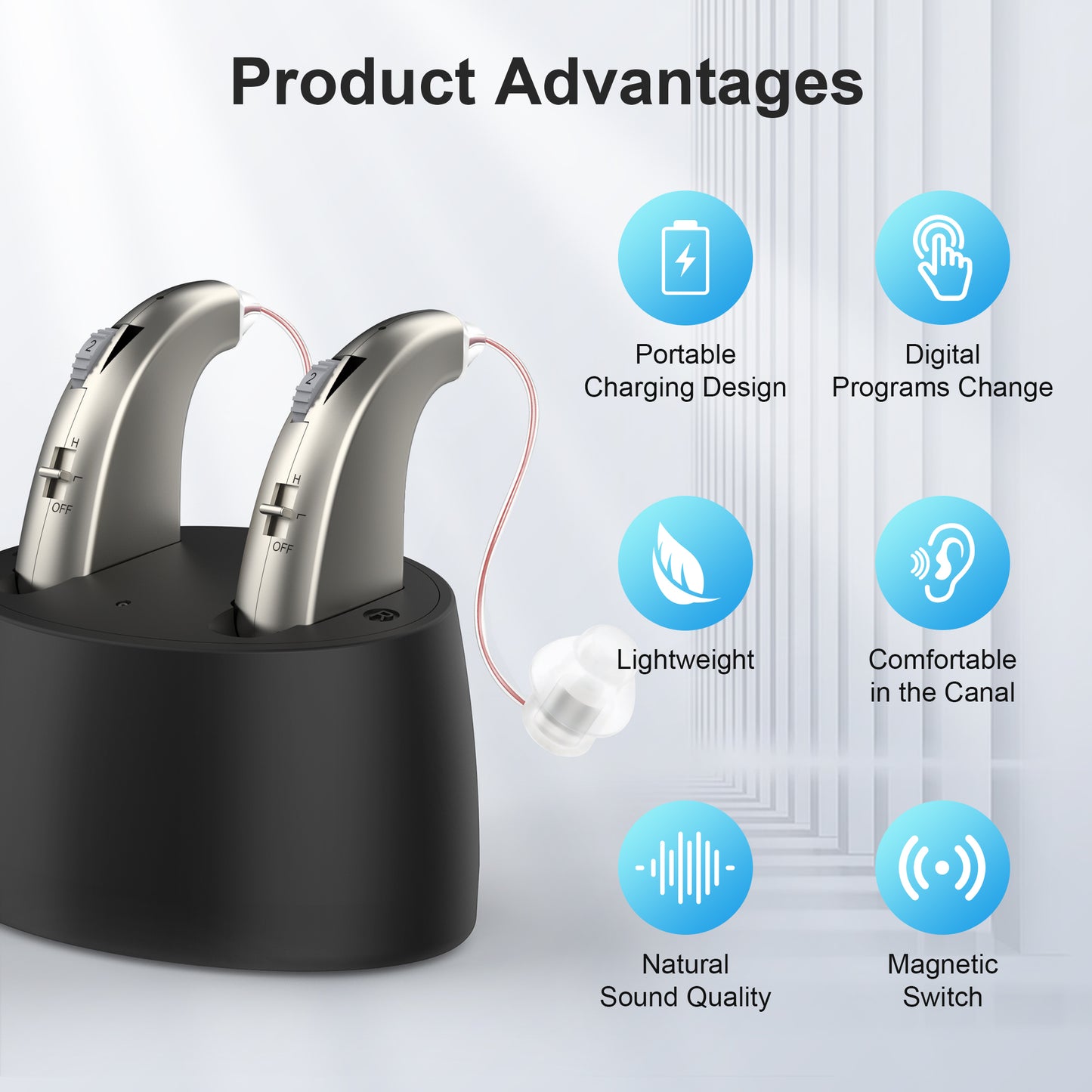 Personal Sound Amplifiers for Ears with Noise Reduction, in Mini Rechargeable Personal Sound Amplifiers Enhances Speech Sound Amplifier with Portable Charging Case, White