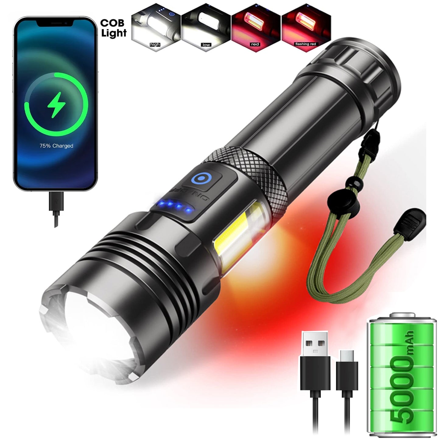90000 Lumens Powerful Flashlight, Laighter USB Rechargeable Waterproof XHP50 Searchlight Super Bright 5 Modes LED Flashlight Zoom Bar Torch for emergencies Hiking Hunting Camping