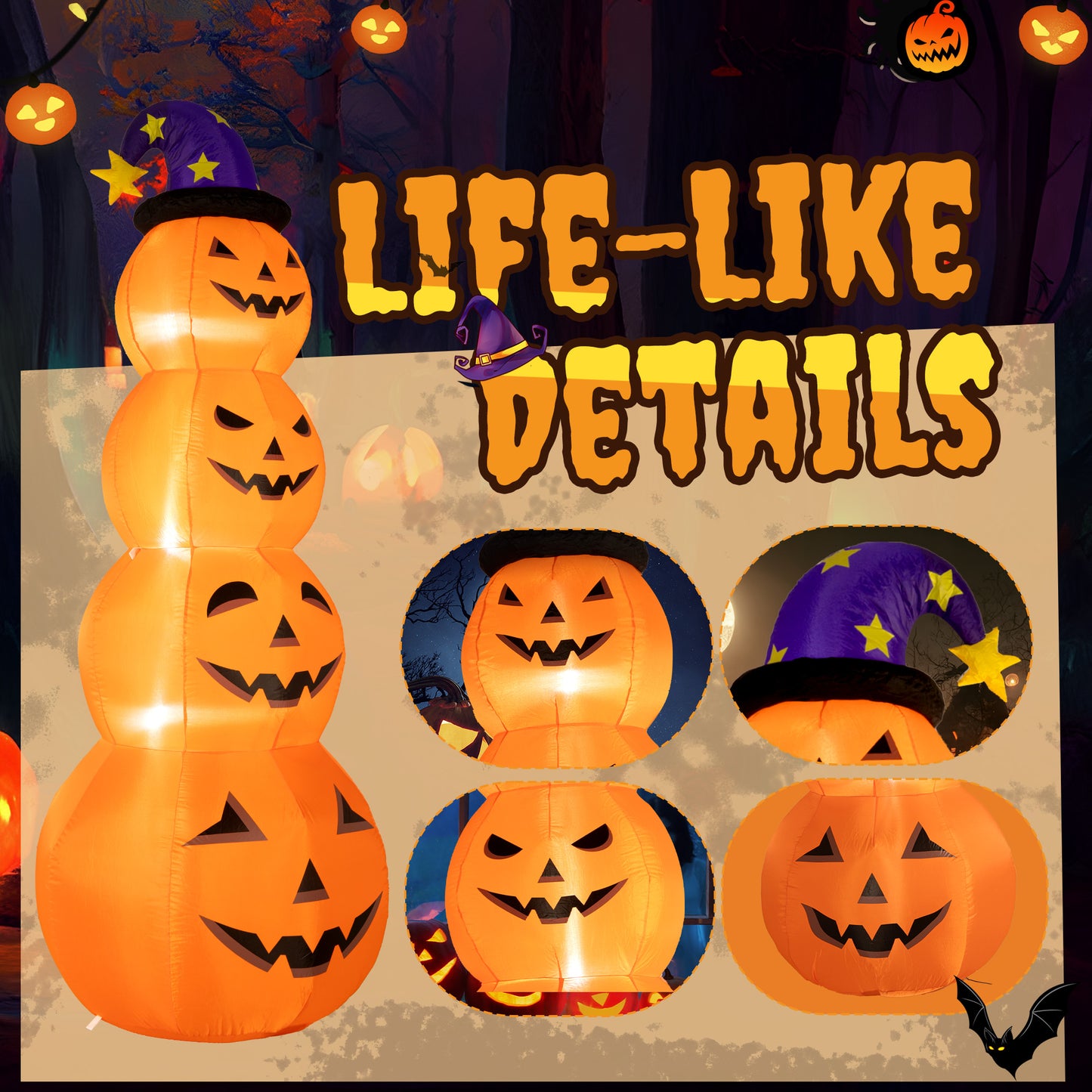 Posrue 8 ft Halloween Inflatable, Stacked Pumpkins with Witch Hat Inflatable with Build-in LED Lights, Blow up for Indoor Outdoor Lawn Yard Garden Home Party Halloween Decor, Orange