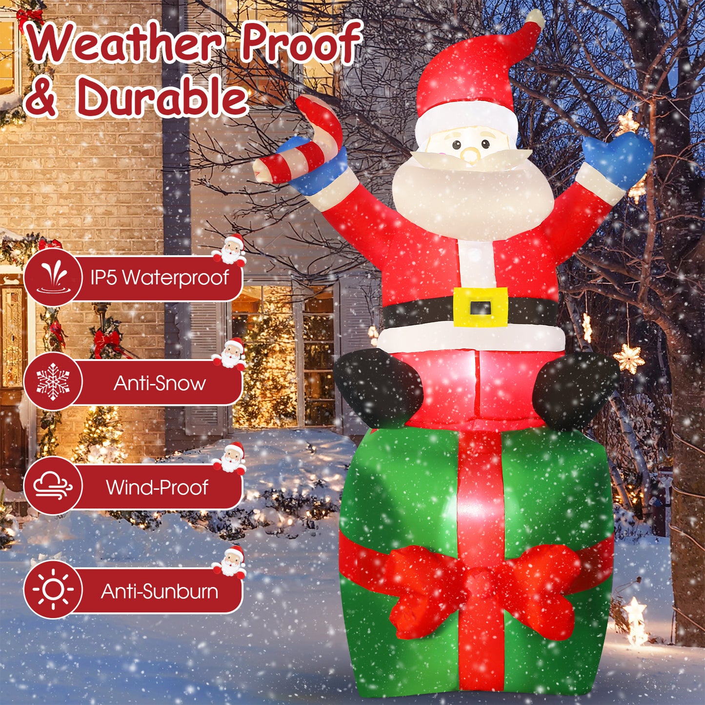 6 Ft Christmas Inflatable Santa Claus with Blow Up Gift Box Outdoor Decorations with LED Lights, Waterproof Xmas Family Inflatable Decor for Yard Lawn Garden Home Party Indoor Outdoor,Red