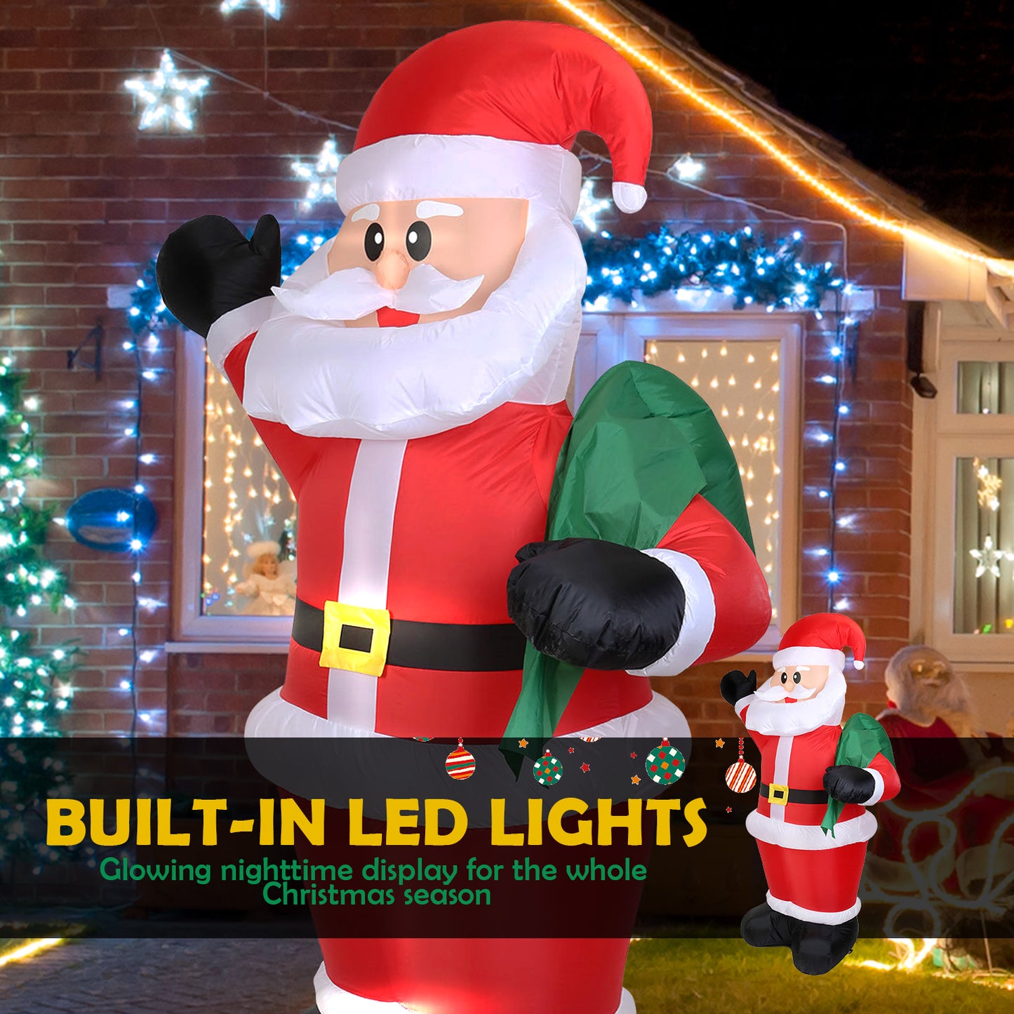 8ft Christmas Inflatable, Santa Christmas Inflatable Decoration with Build-in LEDs for Xmas Party Outdoor Yard Garden Lawn Winter Decor