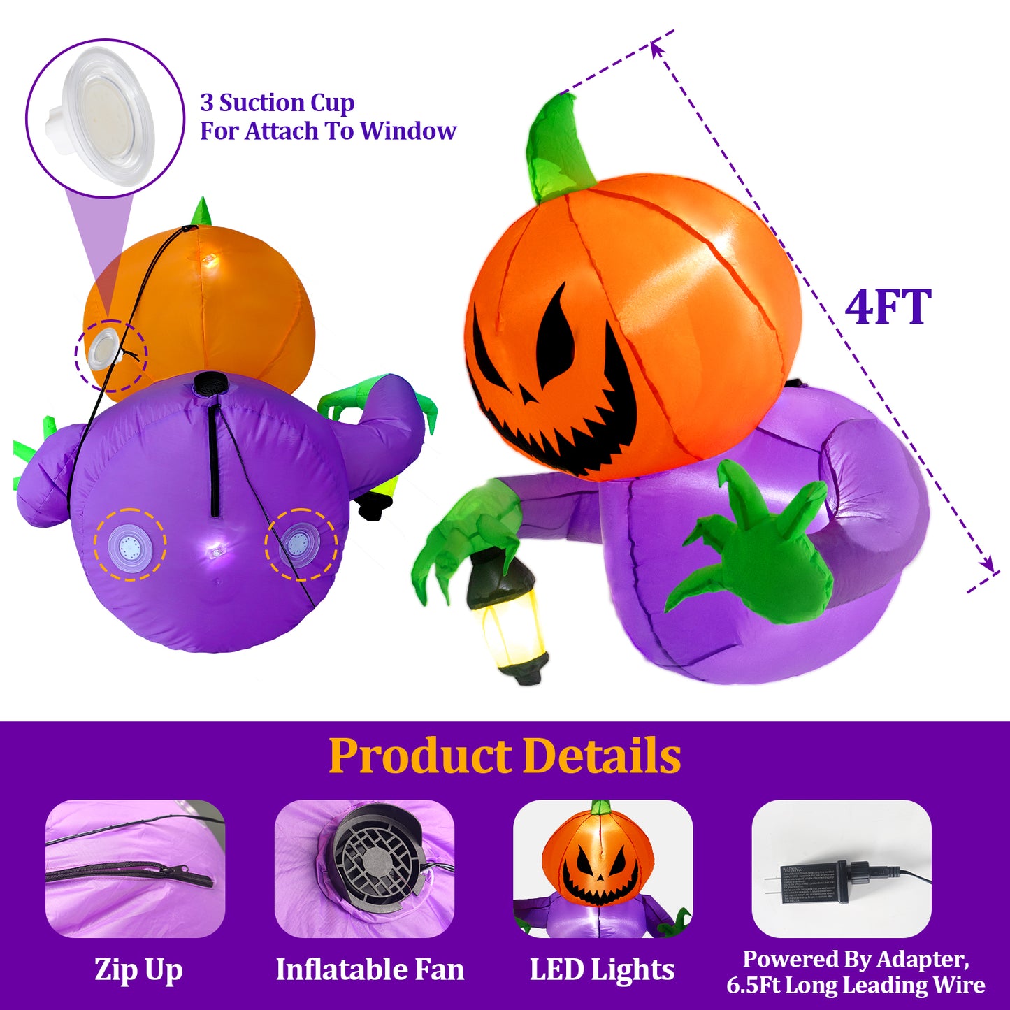 Posrue Halloween Inflatables Outdoor Decorations, Flying Pumpkin Broke Out from Window Blow Up Scary Halloween Decorations for Party Indoor, Outdoor, Yard, Porch, Garden, Lawn, 4FT