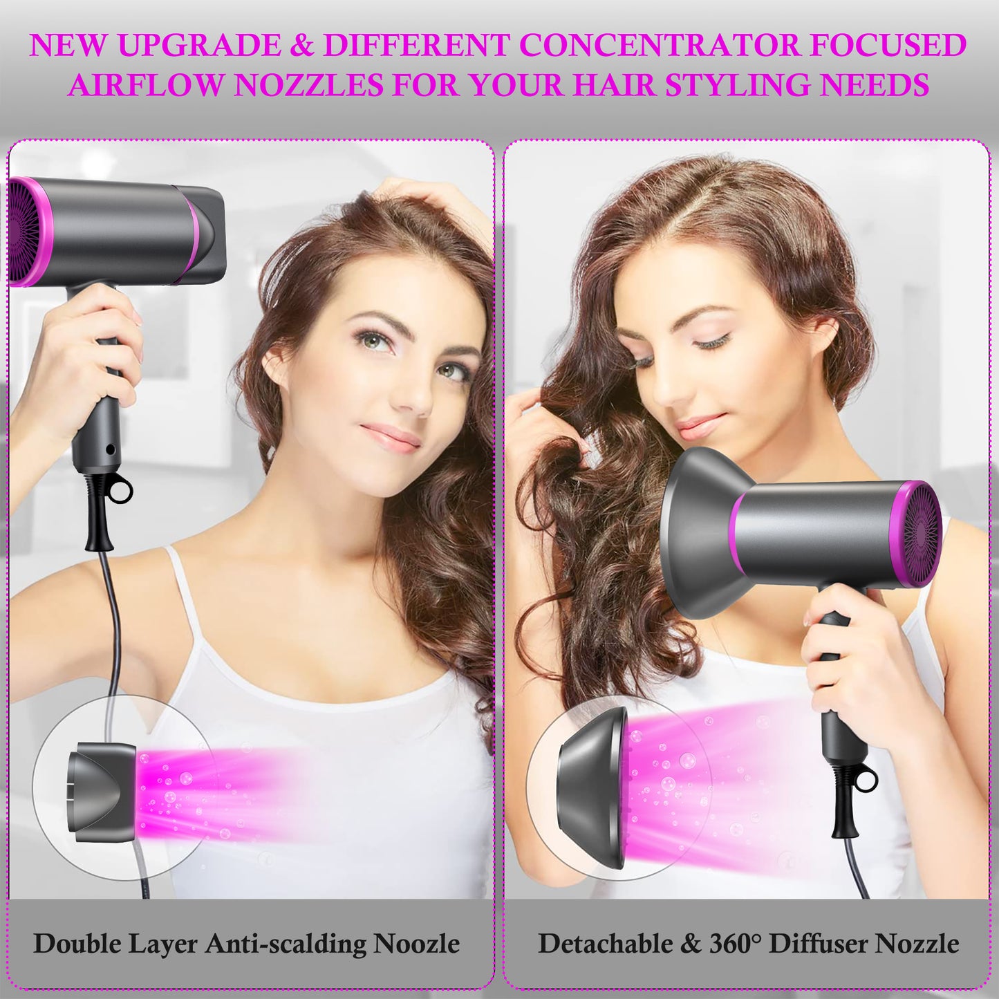 Hair Dryer with Diffuser and Concentrator, Professional Ionic Hair Dryer Fast Drying with 3 Heat Settings for Women
