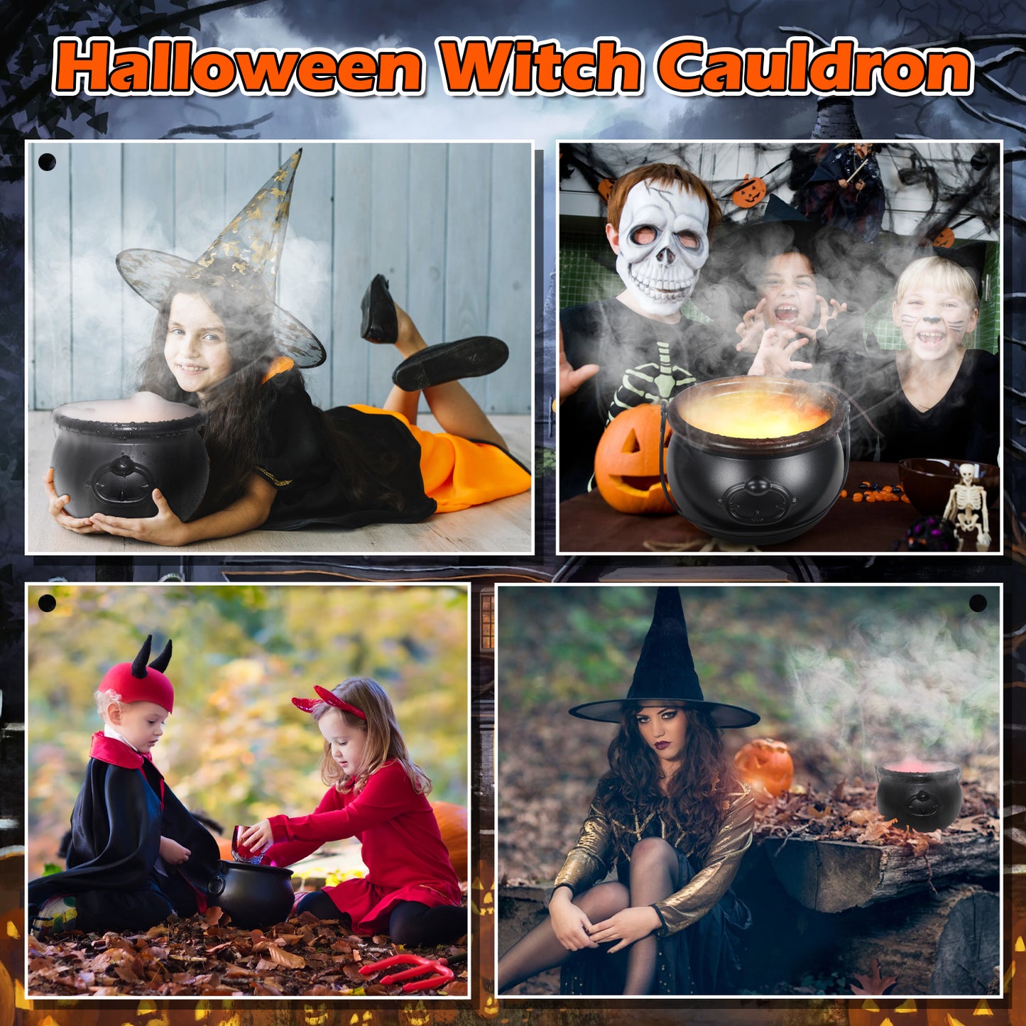 Halloween Mist Maker Fogger with Witch Cauldron, Fog Machine Atomizer with 12 LED Color Changing Lights Perfect for Water Feature, Halloween, Christmas and Other Holiday Decorations