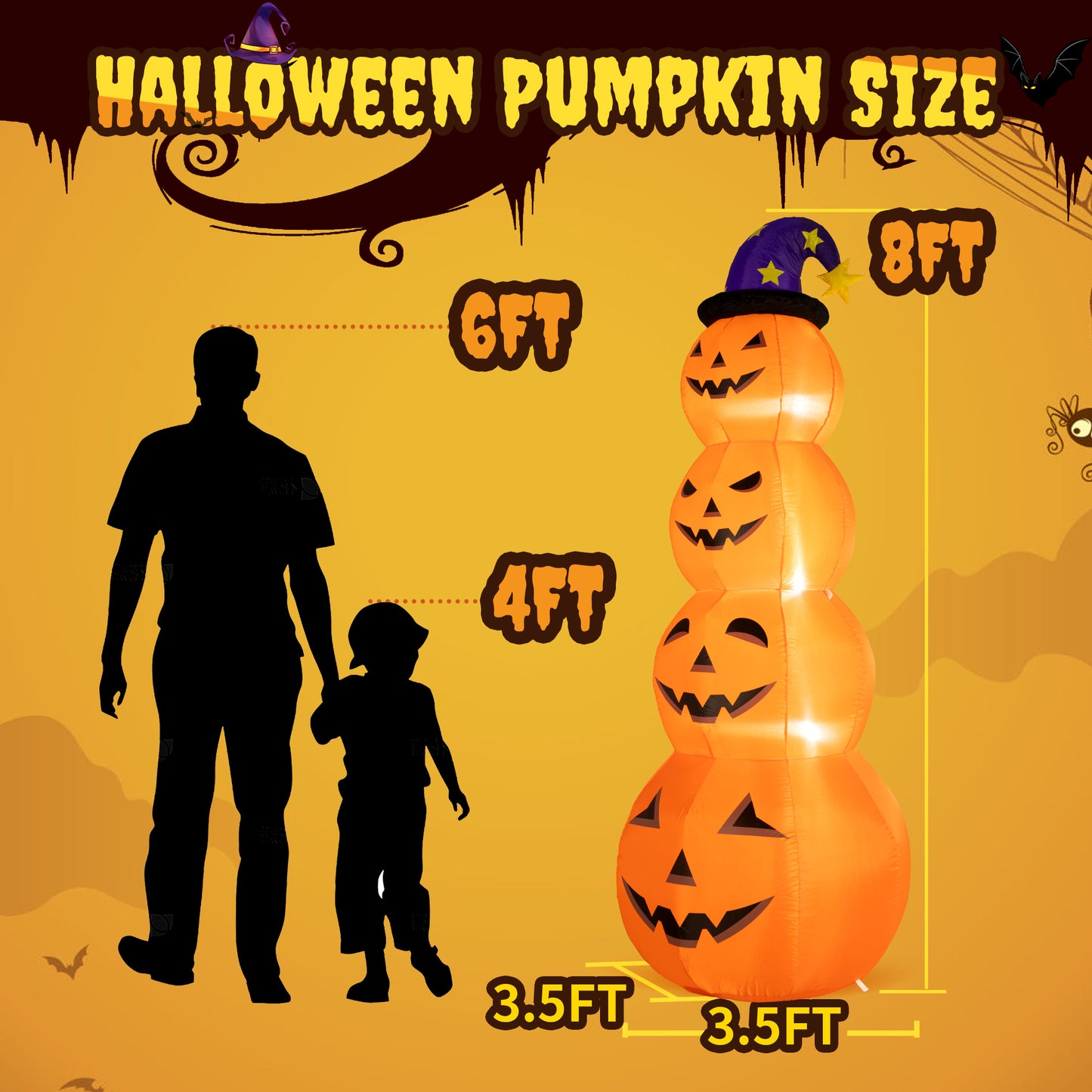 Posrue 8 ft Halloween Inflatable, Stacked Pumpkins with Witch Hat Inflatable with Build-in LED Lights, Blow up for Indoor Outdoor Lawn Yard Garden Home Party Halloween Decor, Orange