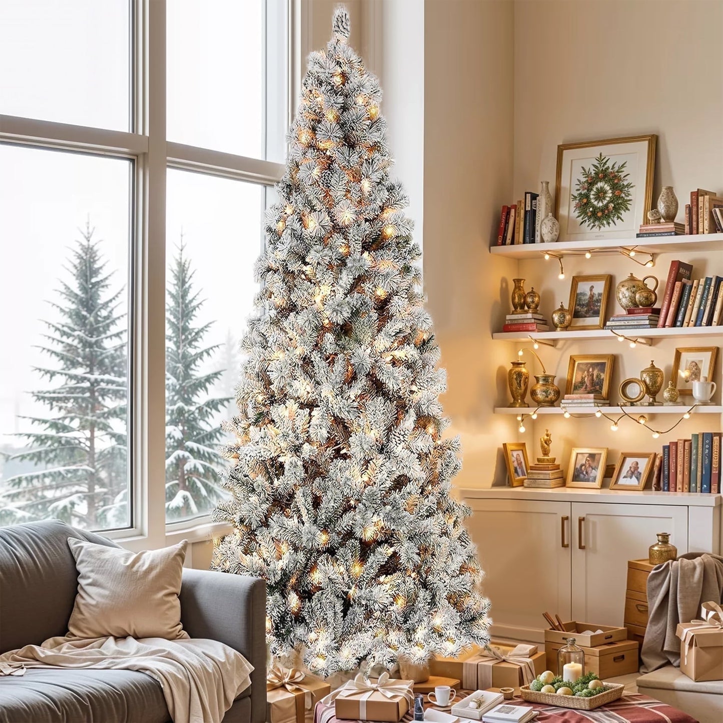 Posrue 6.5ft Pre-Lit Snow Flocked Slim Christmas Tree with 1000 Tips 250 Warm Lights, Hinged Artificial Holiday Xmas Pine Tree, White