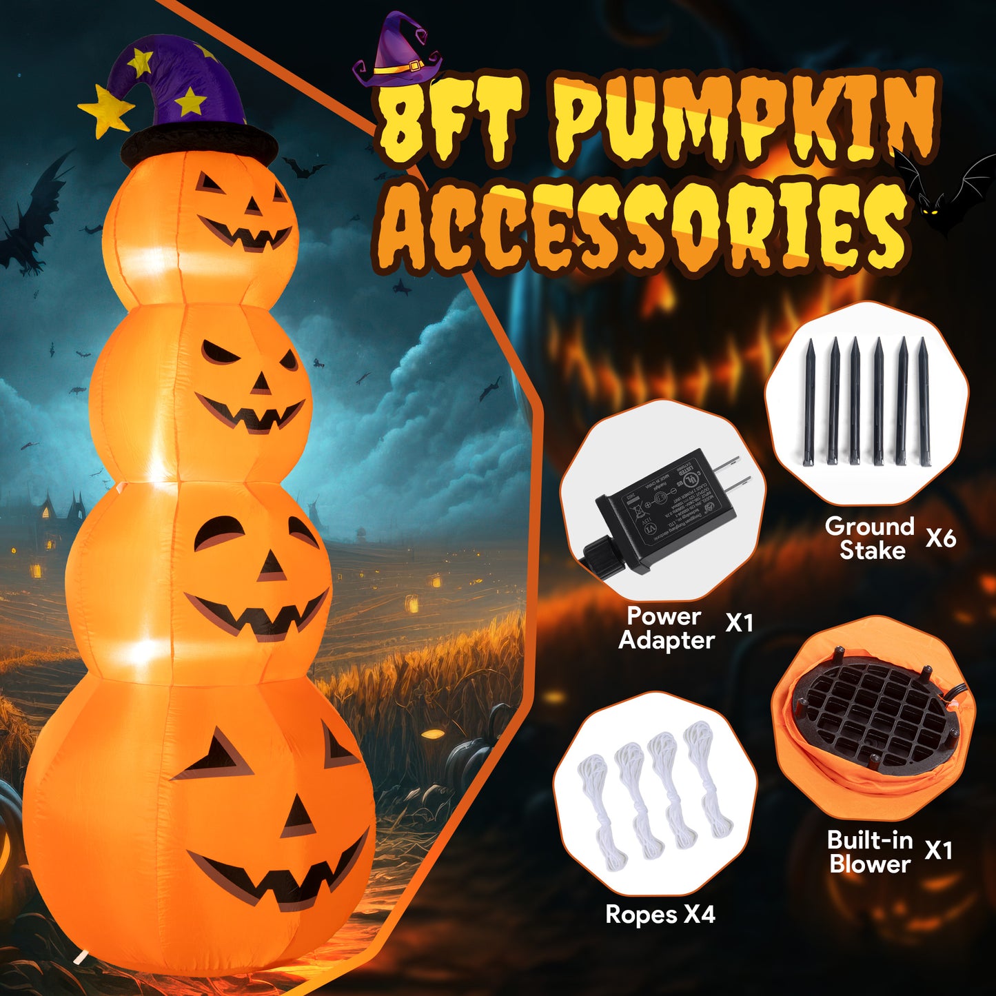 Posrue 8 ft Halloween Inflatable, Stacked Pumpkins with Witch Hat Inflatable with Build-in LED Lights, Blow up for Indoor Outdoor Lawn Yard Garden Home Party Halloween Decor, Orange