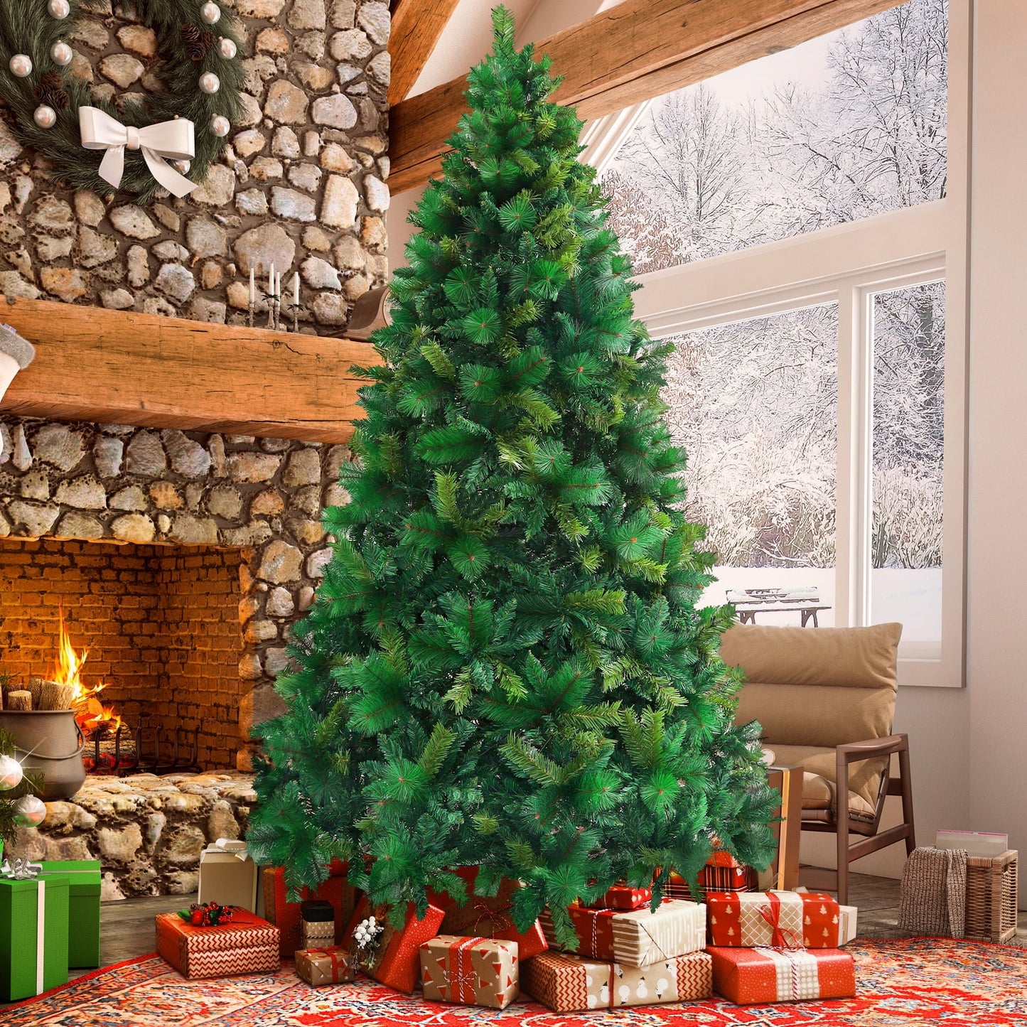 7.5FT Holiday Christmas Tree, Green PVC Artificial Spruce Xmas Trees with 1600 Branch Tips, Un-Lit
