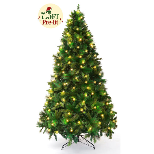 7.5FT Pre-lit Artificial Full Christmas Tree, Green PVC Spruce Holiday Xmas Trees with 1600 Branch Tips & 400 Warm LED Lights