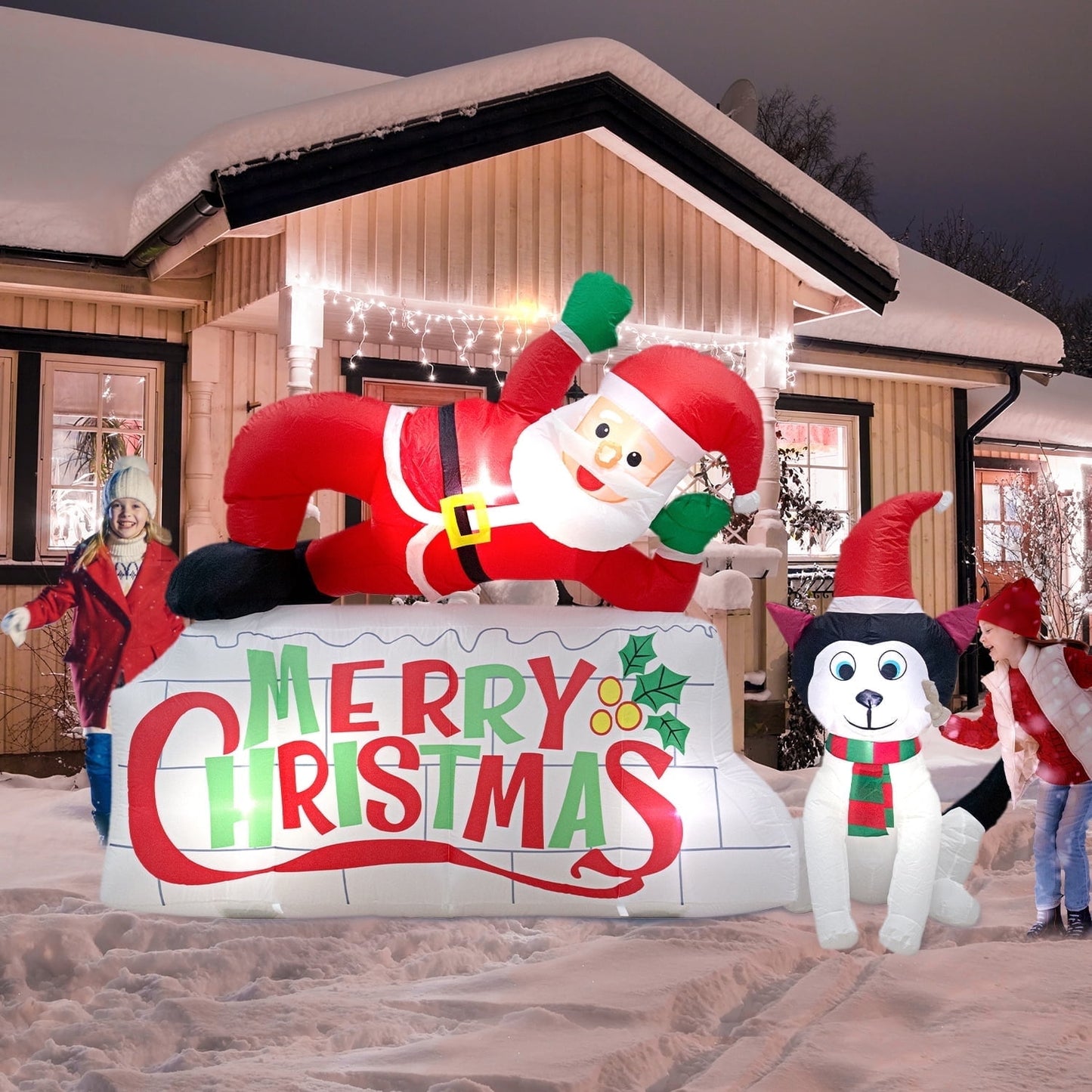 8FT Christmas Inflatables Decorations Outdoor Indoor, posrue Merry Christmas Sign with Santa & Dog Inflatables Christmas Blow Ups Yard Decorations