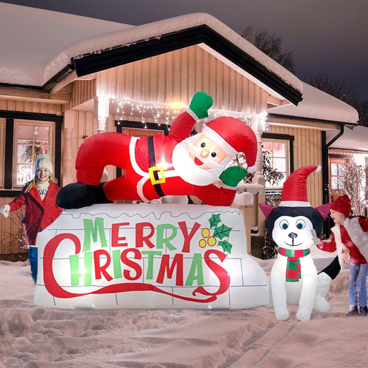 8FT Christmas Inflatables Decorations Outdoor Indoor, posrue Merry Christmas Sign with Santa & Dog Inflatables Christmas Blow Ups Yard Decorations