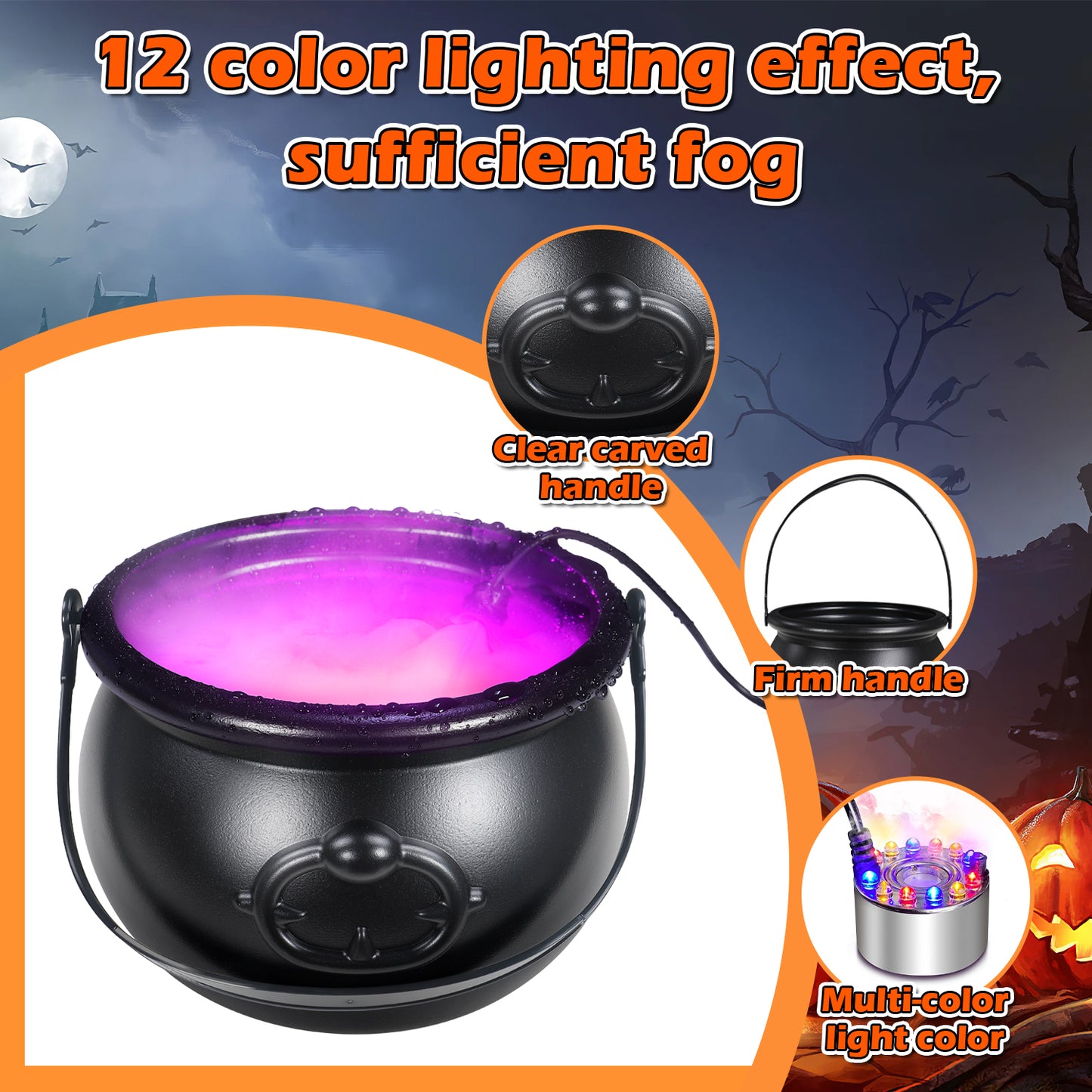 Halloween Mist Maker Fogger with Witch Cauldron, Fog Machine Atomizer with 12 LED Color Changing Lights Perfect for Water Feature, Halloween, Christmas and Other Holiday Decorations