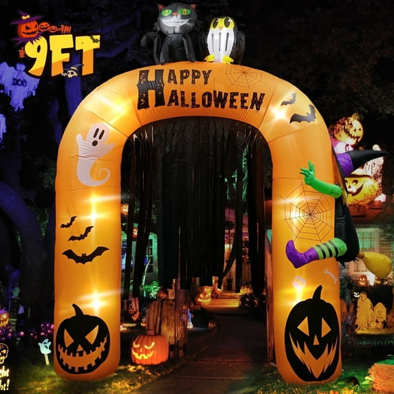 9FT Halloween Inflatable Pumpkin Archway Decorations, Large Halloween Arch Pumpkin Blow up Decor, Built-in LED Lights for Indoor Outdoor Holiday Home Party Garden Yard Lawn