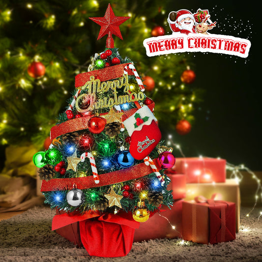 24" Pre-Li Tabletop Mini Christmas Tree Set with LED Light and Star Treetop Ornaments Balls Bells Pine Cones for Indoor Outdoor Xmas Decoration Home Fireplace Front Door, Include Wooden Base