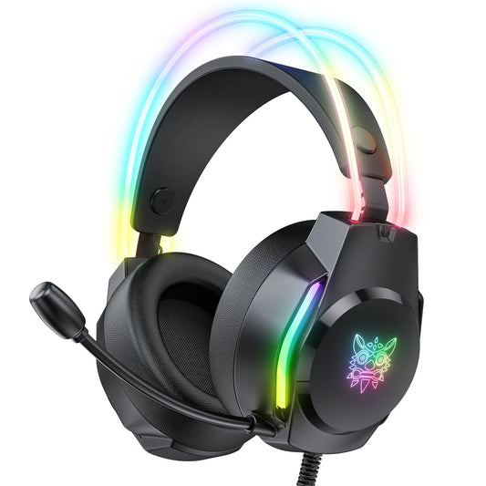 Gaming Headset for PS4 Xbox One Nintendo Switch, over-Ear Headphones with Noise Cancelling Microphone and Breathable Ear Pads, Bass Surround Sound & Glowing LED Light, Game Headset for Laptop PC