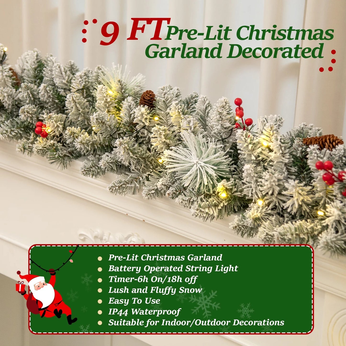 2 Pack 9ft Pre-Lit Snow Flocked Christmas Garland with LED Lights w/ 8 Modes & Timer for Outdoor Indoor Xmas Decoration Fireplace Stairs Railings Decor, Battery Operated
