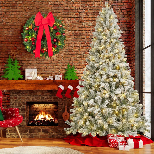 7ft Pre-Lit Snow Flocked Christmas Tree with 300 Lights 1200 Tips, Hinged Artificial Holiday Christmas Pine Tree Decorations