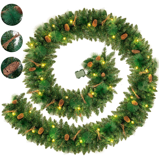 9ft Pre-Lit Christmas Garland, Green Xmas Garland with Battery Operated LED Lights, Pine Needles Branches Pine Cones Artificial Christmas Decoration Indoor Home Fireplace Front Door