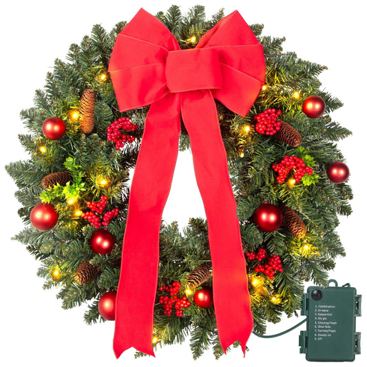 24-Inch Christmas Wreaths for Front Door, Qunler PVC Artificial Wreaths with Lights Timer Red Bow for Windows Doors Fireplace Indoor Outdoor Christmas Decorations