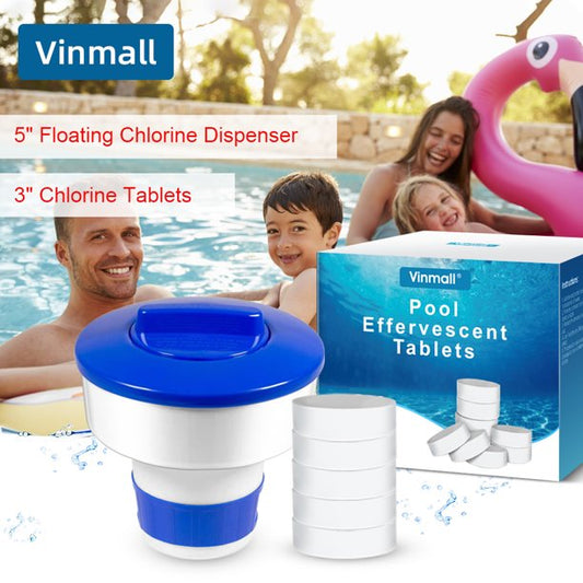 Vinmall 3 Inch Pool Chlorine Tablets, Long Lasting Chlorine Tablets with 5" Floating Chlorine Dispenser, Chlorine Tabs for Small Pool, Spas and Tubs Cleaning, 200g(5pcs)