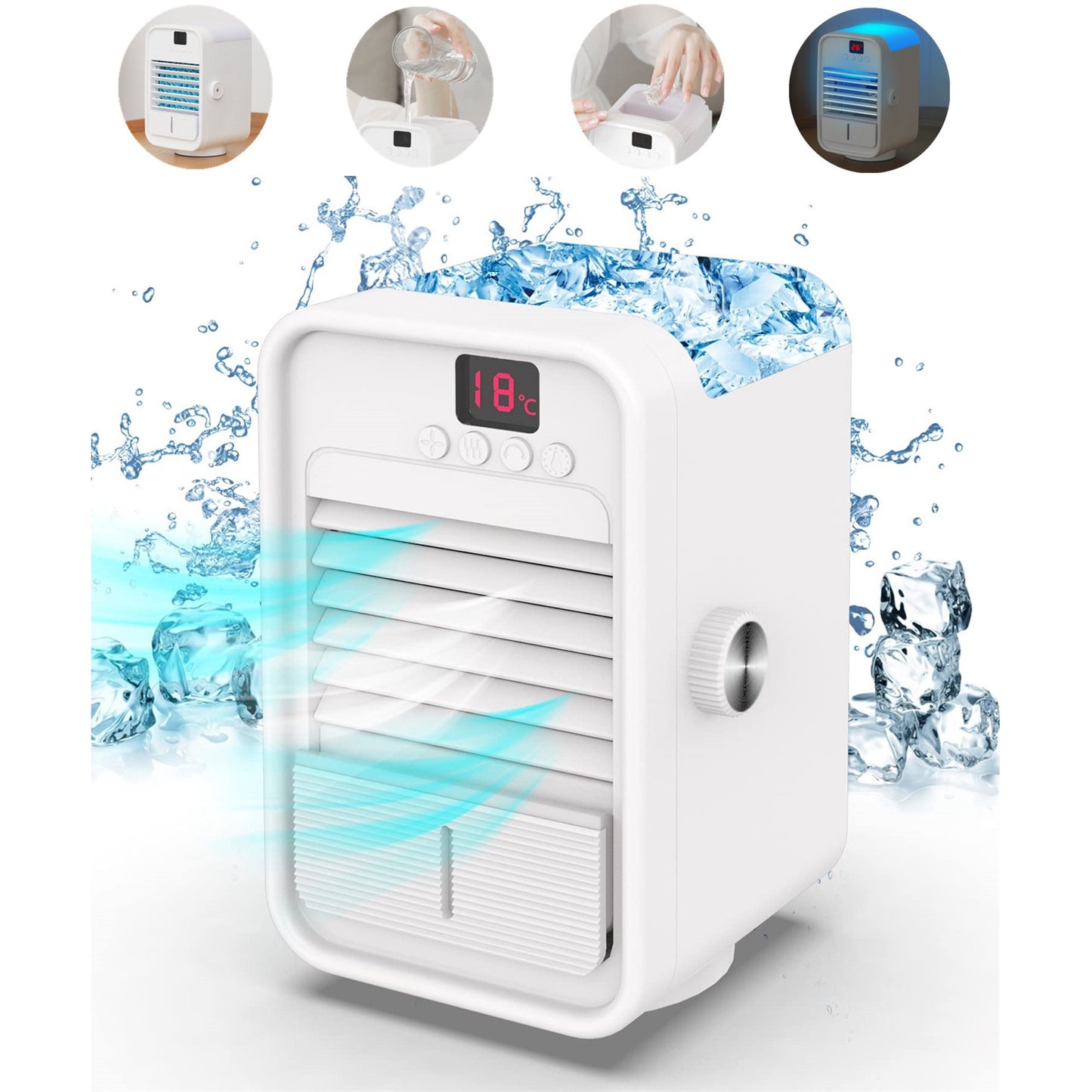 Evaporative Air Cooler Fan, Rechargeable Air Conditioner Fan with Temperature Display, 7 Colors LED Night Light, 120¡ã Wide Angle Swing, White