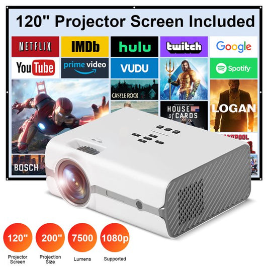 Doosl Mini Projector with 120 inch Projector Screen, 1080P Supported Outdoor Projector, 7500LM Portable Movie Projector for Home Theater Compatible with TV Stick HDMI USB AV