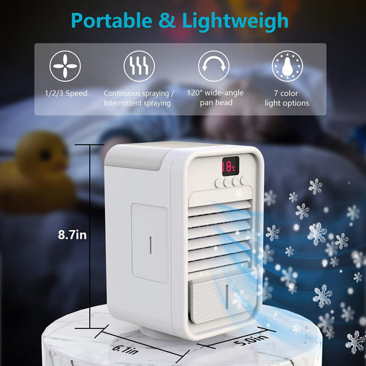 Rechargeable Air Conditioner Fan with Temperature Display, 7 Colors LED Night Light, 120¡ã Wide Angle Swing, White