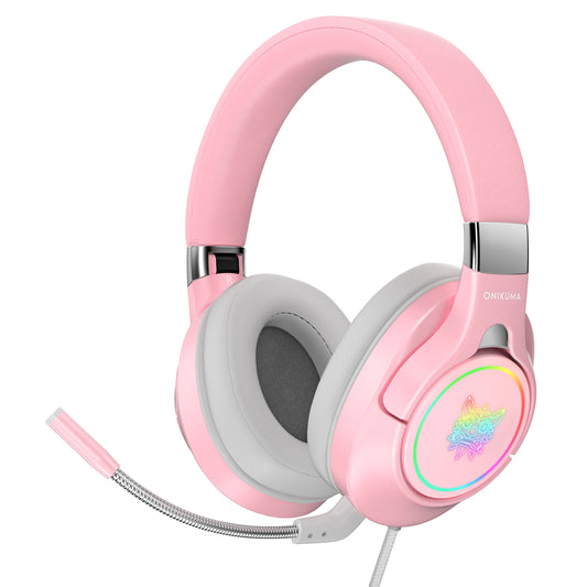 ONIKUMA  Pink Gaming Headset, 3D Stereo Surround Sound RGB Folding Over-ear Gaming Headphones with Detachable 360¡ã Noise Cancelling Mic for PC Laptop PS4 Xbox One Nintendo Switch